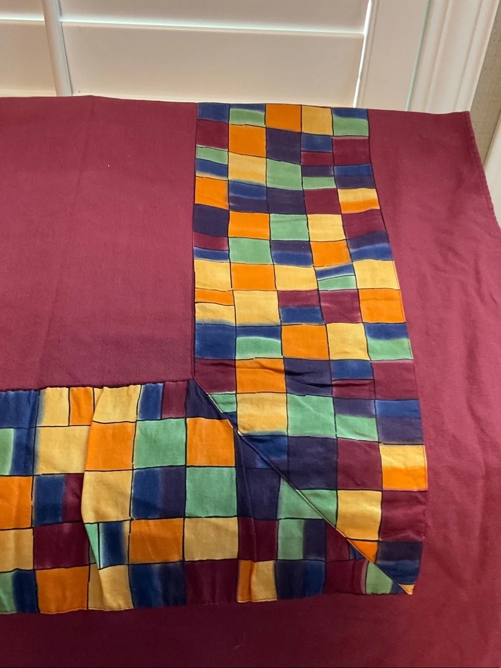 Dining Table Runner with Multicolor Checkered Accent - Burgundy